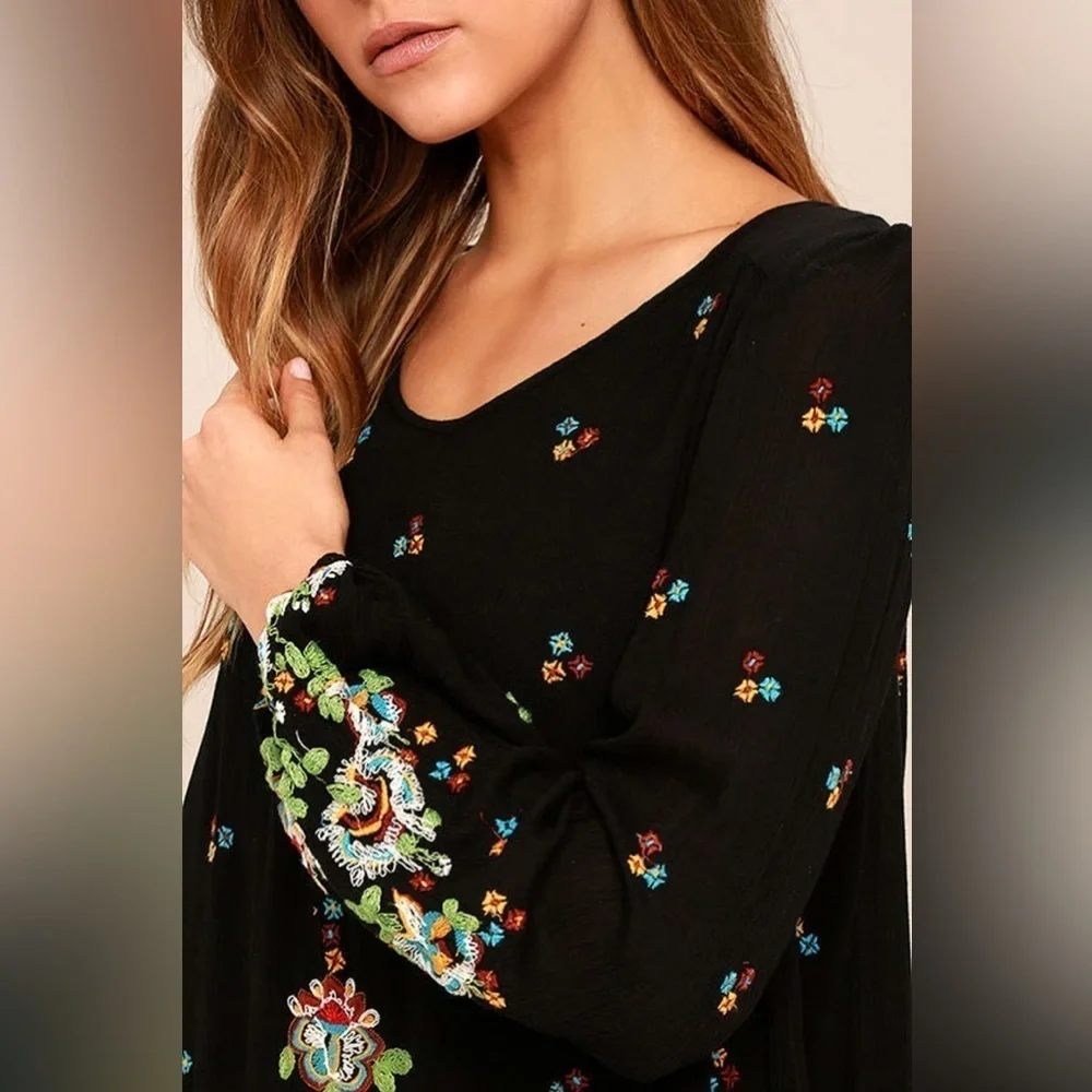 Free People Oxford Black Embroidered Swing Dress XS
